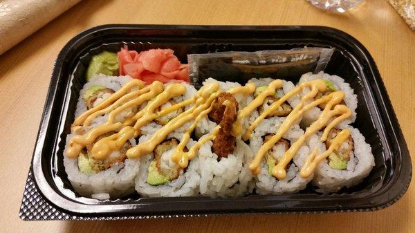 Tempura Shrimp Roll. Comes with wasabi, ginger and soy sauce on the side. It's actually pretty good for mall food!