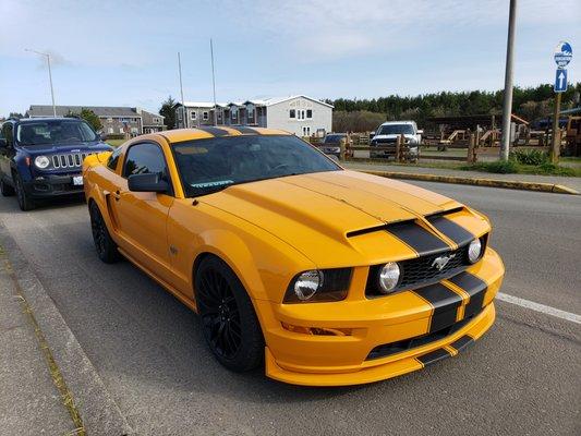 Just a nice bright yellow Ford Mustang parked along the street... my precious bee LOL!