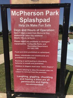 Splash pad days/hours of operation