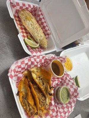 3 Birria Chicken Tacos, Elote