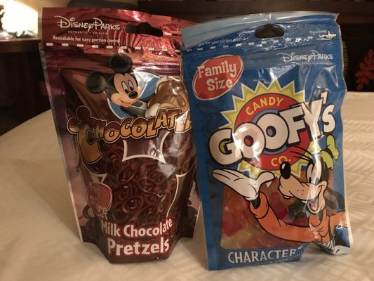 Late night snacks to bring back to the room. Milk Chocolate Covered Mickey Pretzels & Character Gummies. Both super yummy