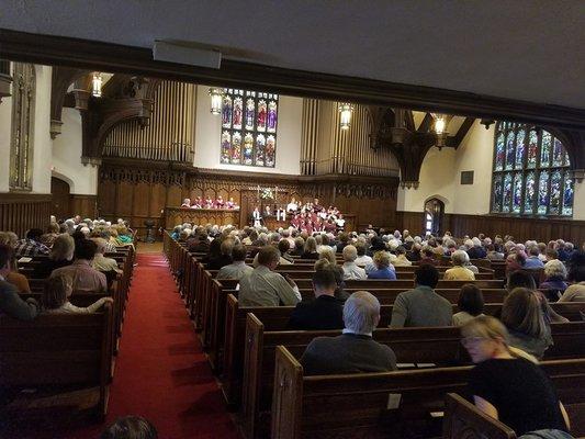 Sanctuary service offers excellent choral music and hymns, great preaching, 10:30 a.m.