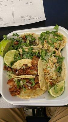 Tacos of chicken, asada and el pastor. Yummy