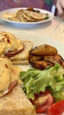 Quesadilla and eggs Benedict with plantains