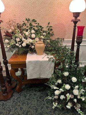 My father cremated remains & beautiful natural vine & flower center piece arrangement.