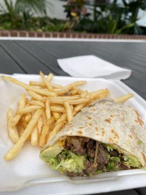 Steak burrito with fries