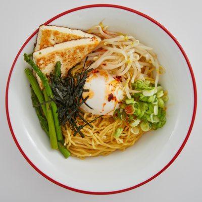 Veggie Abura Soba -  Brothless noodle bowl. Seasoned with blended garlic soy sauce and a hint of chili oil, topped with bean sprouts, etc.