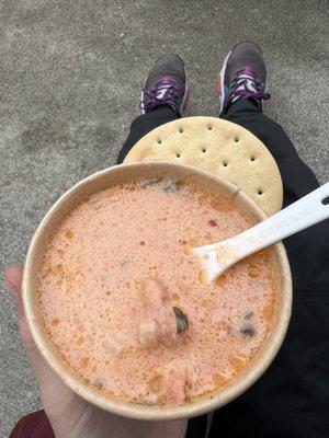 Cup of salmon bisque and pilot bread