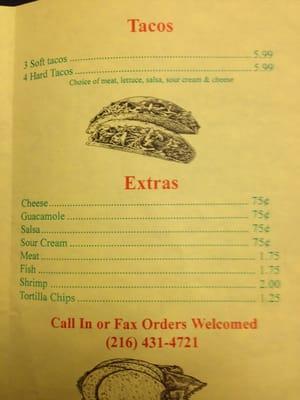 Menu for El Toro