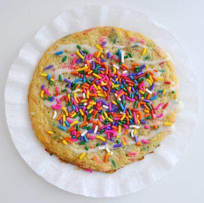 She's extra! The Funfetti Cookie. Drizzled with sweetened condensed milk and topped off with more rainbow sprinkles!