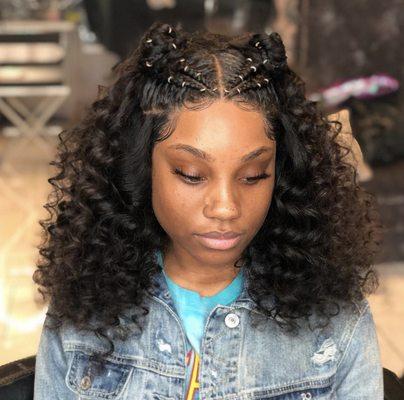 Frontal sew-in with braids and beads.