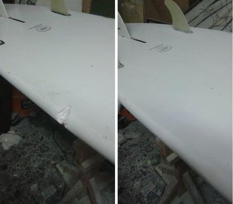 Before & After.  Epoxy ding repair.