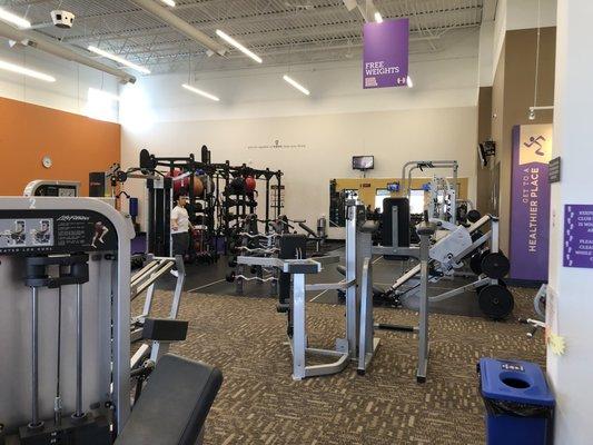 A variety of free weights in a comfortable area.