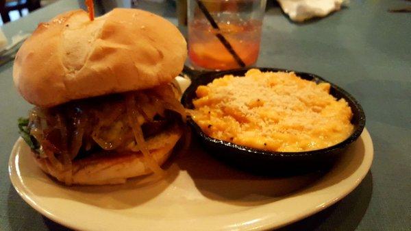 Granny smith burger with mac'n'cheese.  Good concept, poorly executed.  I think the mac'n'cheese was the most edible item we had!