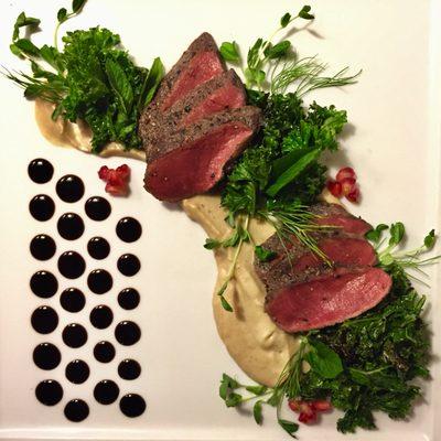 MauiVenison backstrap, home grown garden greens, artichoke puree