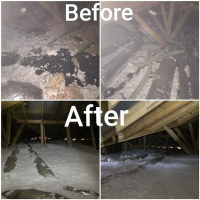 Before and after pictures of blow insulation upgrade in an attic.