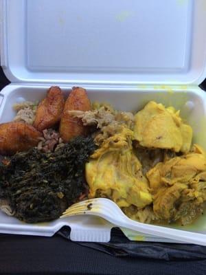 Sweet Plaintain, Rice, Curry Chicken, & Greens!! Delish!!!