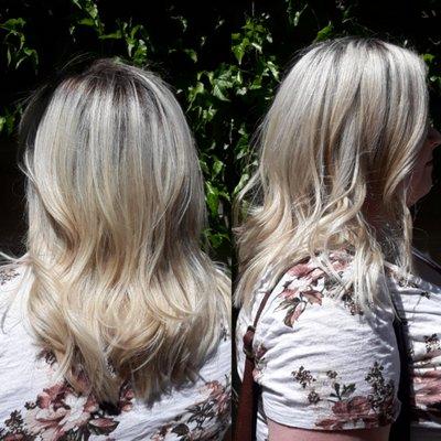 I transitioned her full blonde into a highlighted blonde.  I loved the rooted dimension.