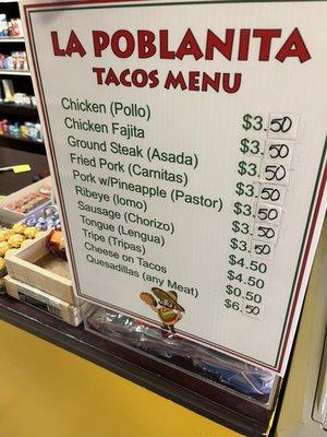 Tacos Menu