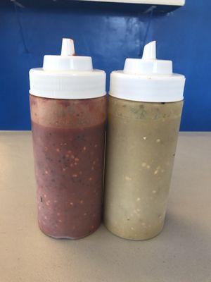 Salsa bottles on the tables