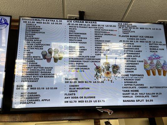 Ice cream menu