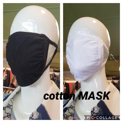 100 % cotton Mask. Made in Korea. Color white and Black. Each $3.00