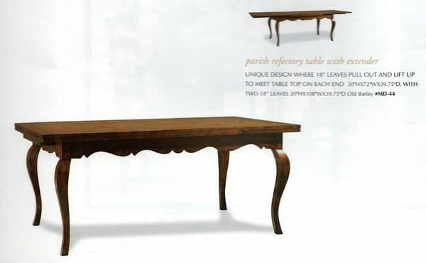 Country French refractory table in Alder wood. 40w x 72-108L