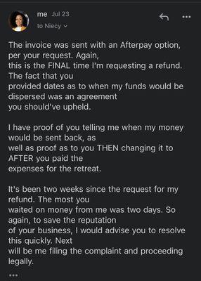 Afterpay invoice was sent but yet she viewed and still did not pay.