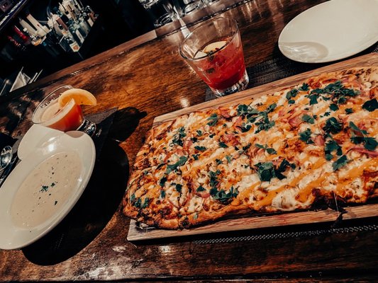 Clam Chowder, Mexican Corn Flatbread.