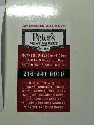 Peter's Meat Market address, hours and phone number.  This is  where SOPHIE'S CAFE is as well.