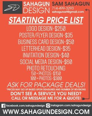 Starting Pricing List