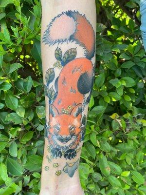 Custom tattoo by Dillon, fox with flowers and berries (next to another little tattoo by him of a Star Trek communicator)