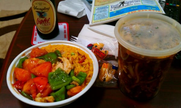 Chicken with peppers and tomatoes and a quart of hot n sour soup