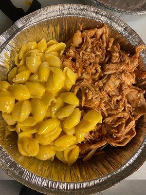 BBQ shredded chicken and macaroni and cheese