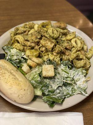 Chicken pesto tortellini with Caesar salad & roll