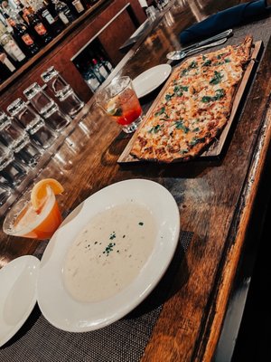 Clam Chowder, Mexican Corn Flatbread. Passion Fruit Vodka. 10/10