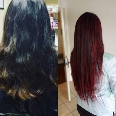 Color Correction,  Red Highlights & Nano Bead Hair Extensions