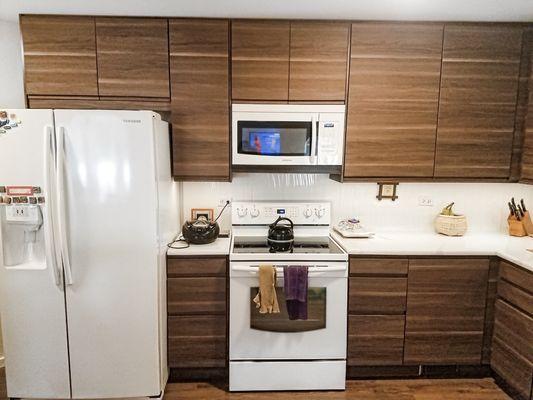 White quartz on walnut cabinets