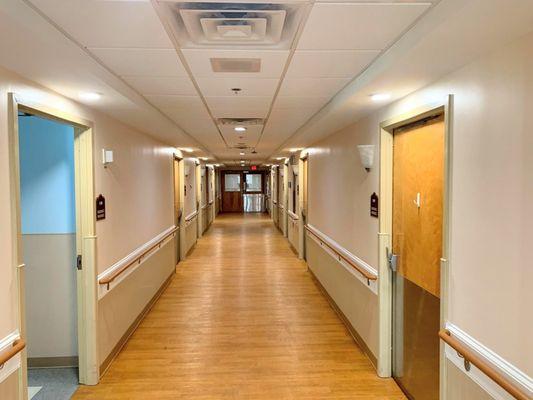 Finished photo of a hallway renovation that completed at a local nursing home.