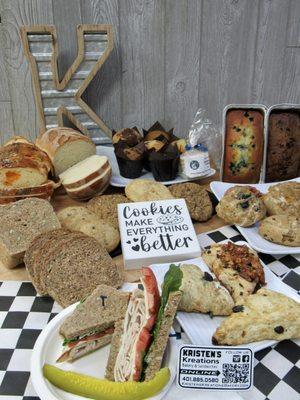 Breads, muffins, cookies, scones, sweet loaf breads, vegan scones & a  turkey sandwich .   YUMMMMM!