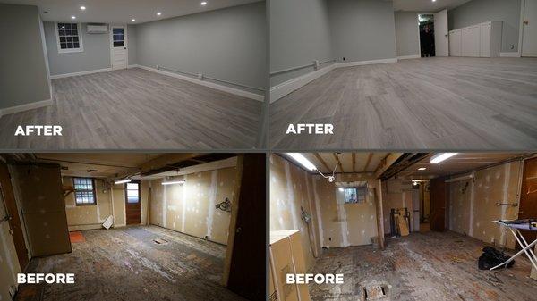 Before and after of a refinished ground level room