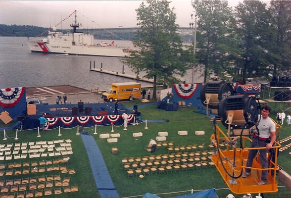 Setting up for President Bush's address at the Coast Guard Academy in Connecticut