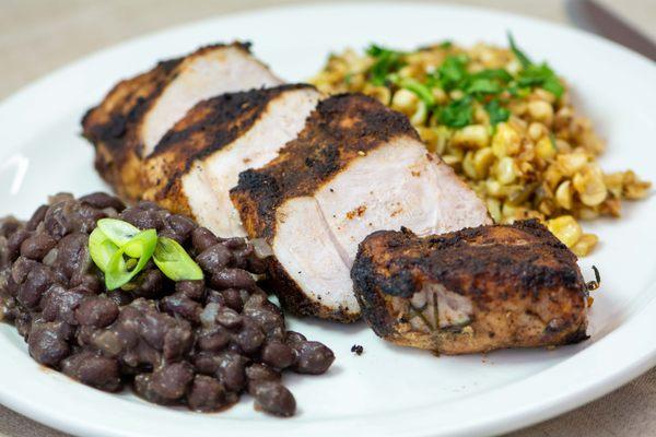 Ancho Chili Pork Loin, Black Beans and Epazote Corn with Lime