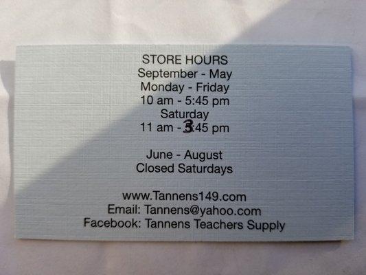 Business card back with store hours