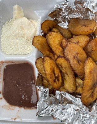 Plantains with Crema and Coquito cheese and beans