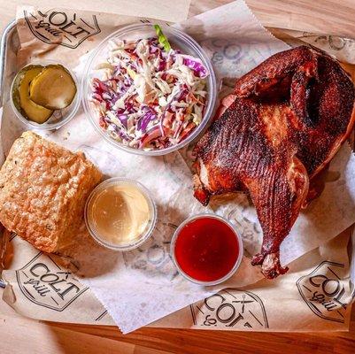 The smoked chicken platter with cheesy corned bread and colt slaw