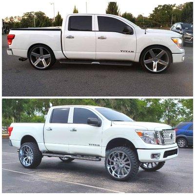 6" Rough Country Lift, 26" custom wheel & tire package AND custom Diamond design Katzkin Leather upgrade in this hot '17 Titan!!