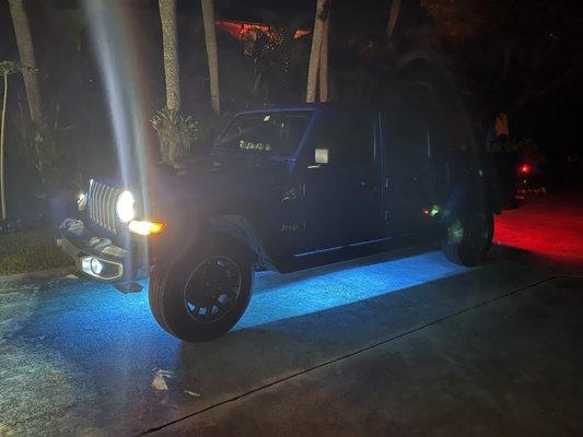 Install of underglow LED lights on a Jeep Gladiator.