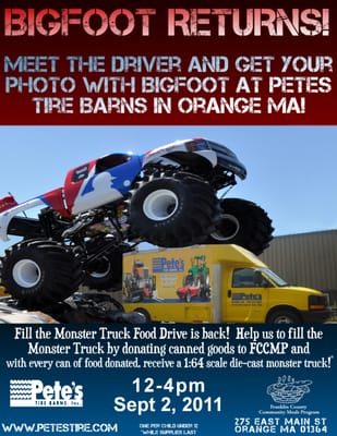 Fill the Monster Truck Food Drive with the return of BIGFOOT!  September 2nd from 12-4pm.