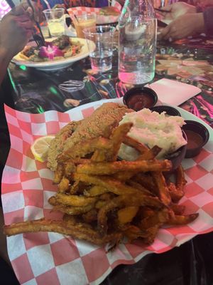 Fried whiting fish with mash potatoes and sweet potato fries